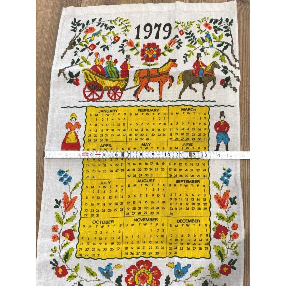 Vintage 1979 Calendar Tea Towel Folk Art Horse Carriage Linen Wall Hanging